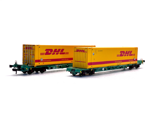 Bachmann Branchline OO Gauge 37-305 Intermodal bogie wagon with 2 45ft containers "DHL" yellow front view
