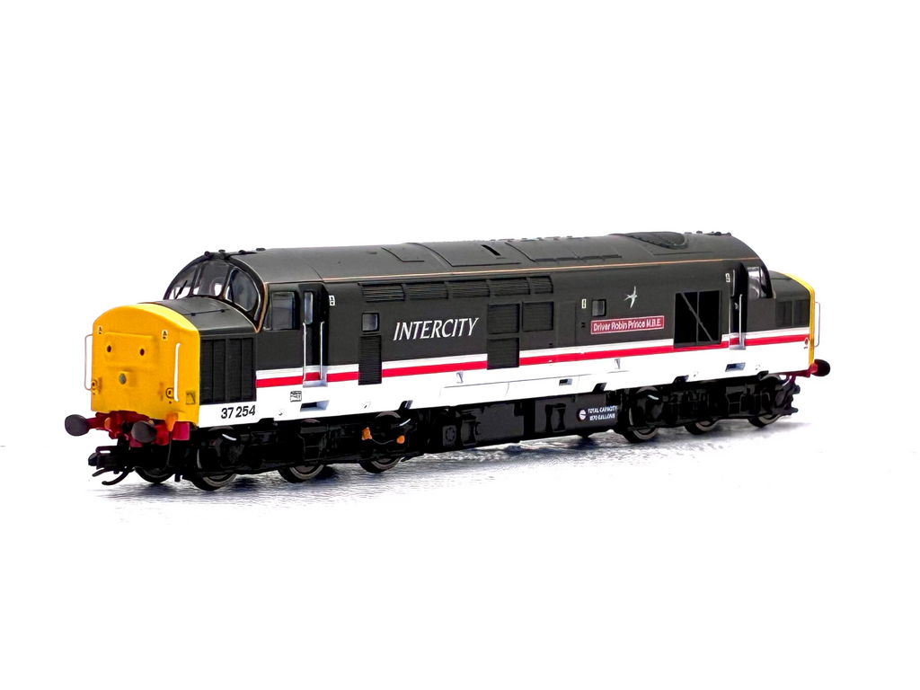 A detailed model train locomotive, specifically Intercity Class 37 2504, painted in a black, white, and red livery with a bright yellow front buffer, photographed on a seamless white background.