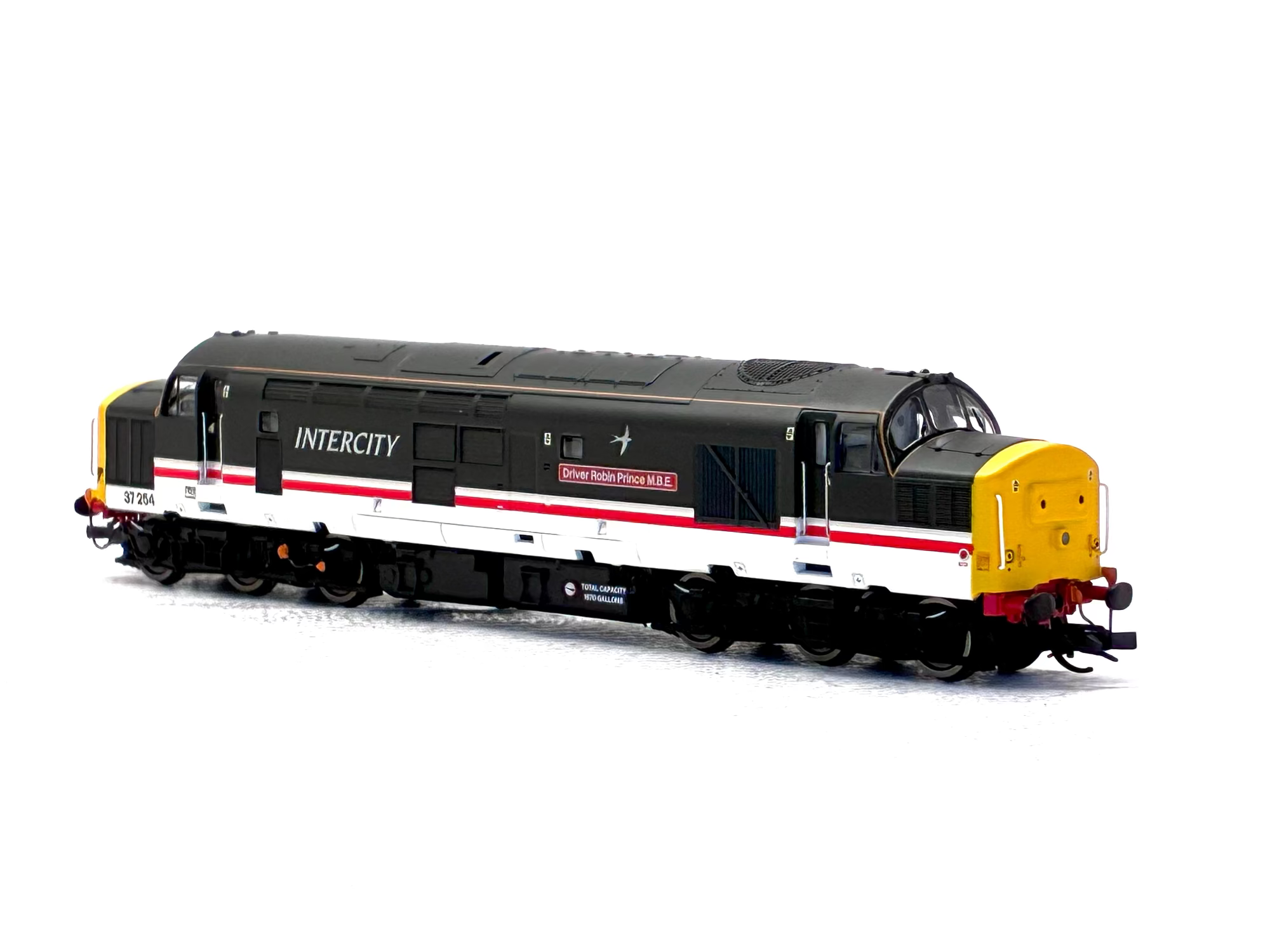 A model train locomotive, specifically an Intercity Class 45 locomotive, shown in a side profile view against a plain white background. The livery is black, white, and red, with a bright yellow front cab and yellow end caps.