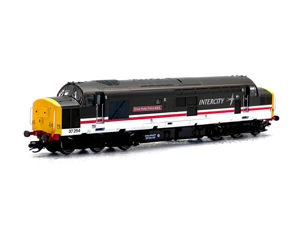 A detailed model of an InterCity Class 37 diesel locomotive, number 37 2544, in black, white, and red livery with a bright yellow front end, shown on a clean white background.