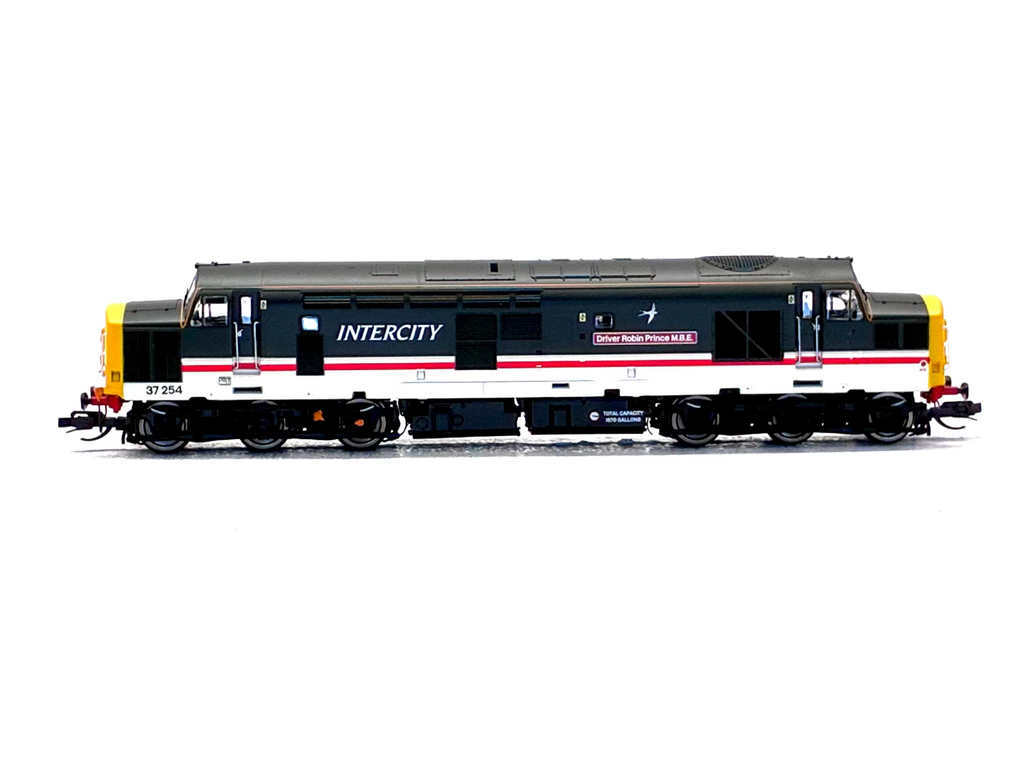 A detailed model train locomotive, specifically an Intercity Class 35 2014, shown in side profile against a solid white background. The livery features a black upper body, a white lower body, a red stripe, and yellow end caps.