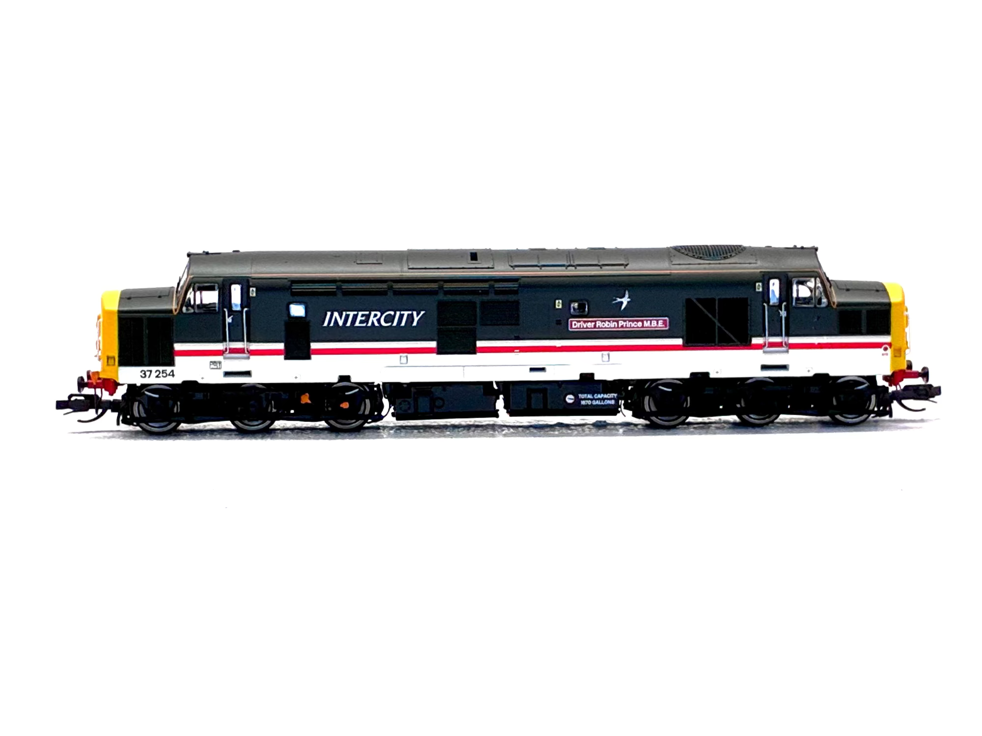 A detailed model train locomotive, specifically an Intercity Class 35 2014, shown in side profile against a solid white background. The livery features a black upper body, a white lower body, a red stripe, and yellow end caps.