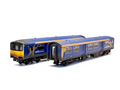 A detailed model train class 50 set in blue and yellow livery, featuring the 'Fast9 north western' logo, photographed on a seamless white background.