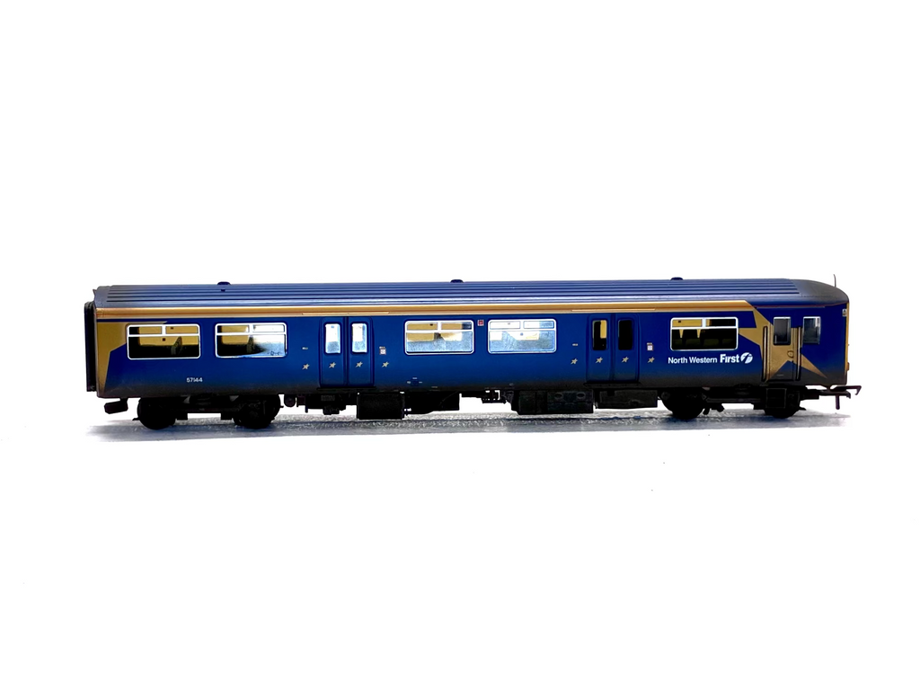 A detailed model of a North Western First passenger carriage in blue and gold livery, shown from a side profile on a white background.