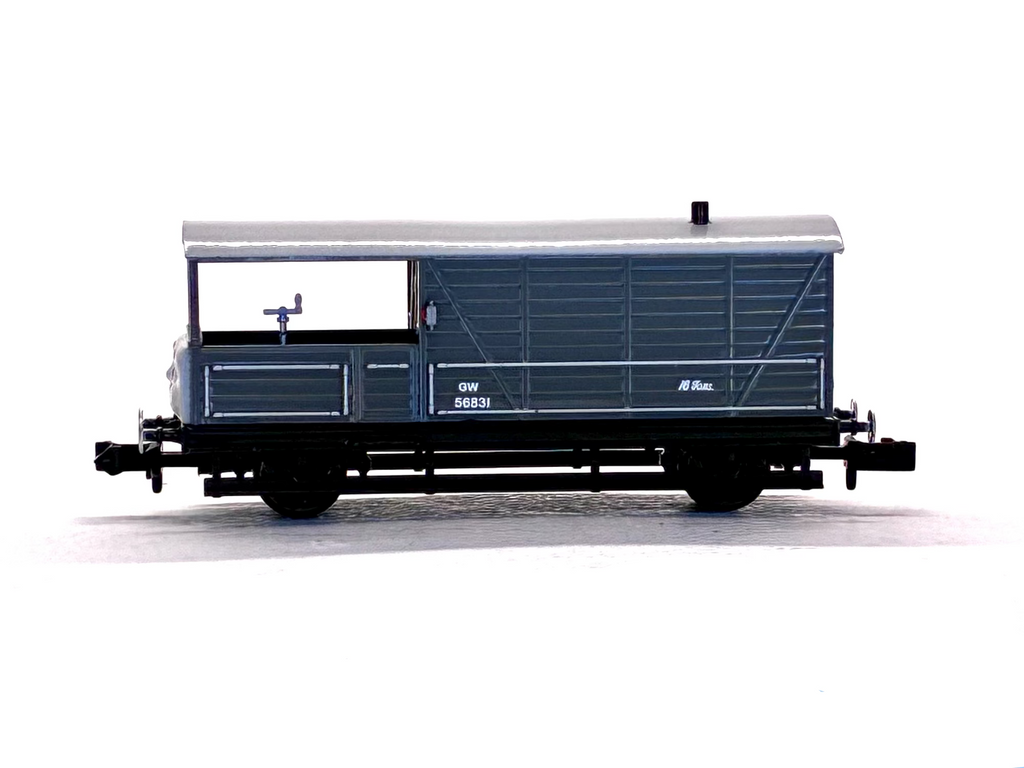 Toad Brake Van painted in a grey livery with white lettering and a silver-gray roof, shown from a side profile on a clean white background.