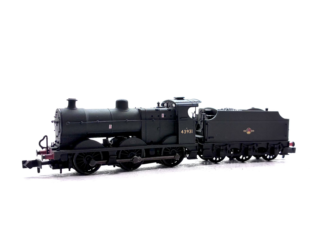 Graham Farish 372-065 Class 4F 0-6-0 steam locomotive No. 43931 in weathered BR black livery with late crest, N Gauge.