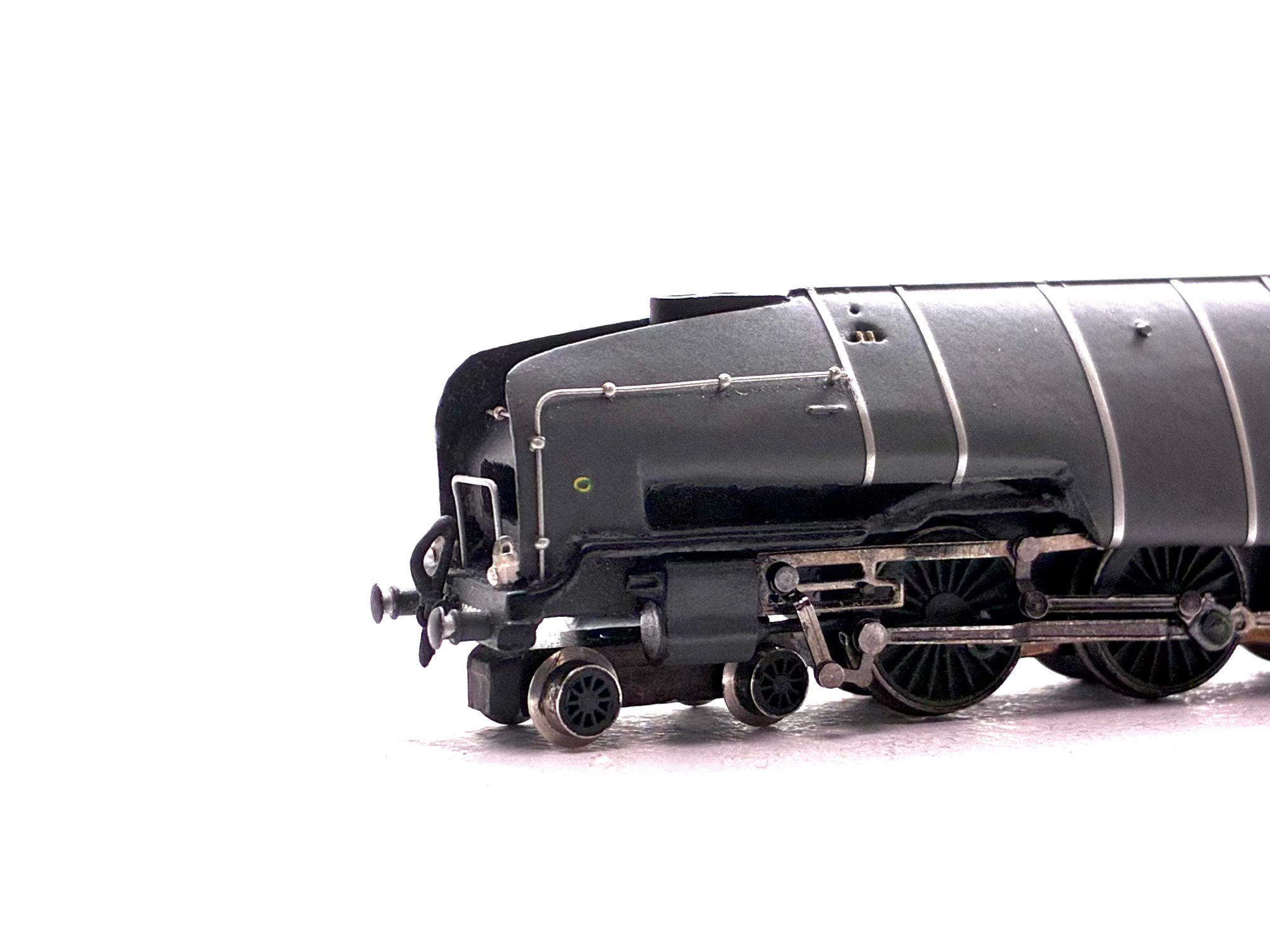 Hand-built N Gauge Hush Hush steam locomotive model finished in grey livery.
