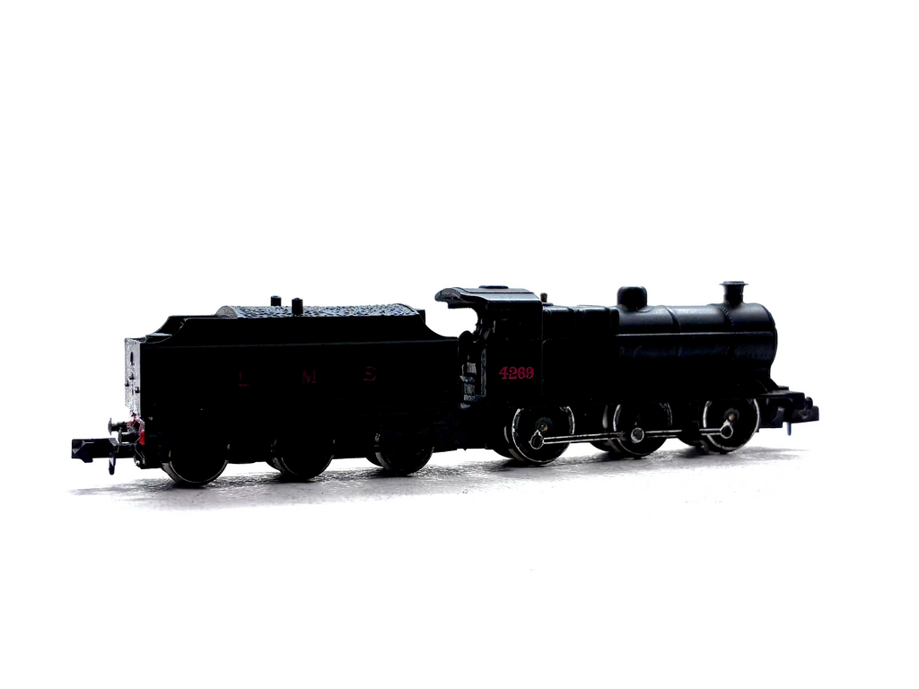 Graham Farish 1841 Class 4F 0-6-0 steam locomotive renumbered to 4269 in LMS black livery, pre-owned and boxed, N Gauge.