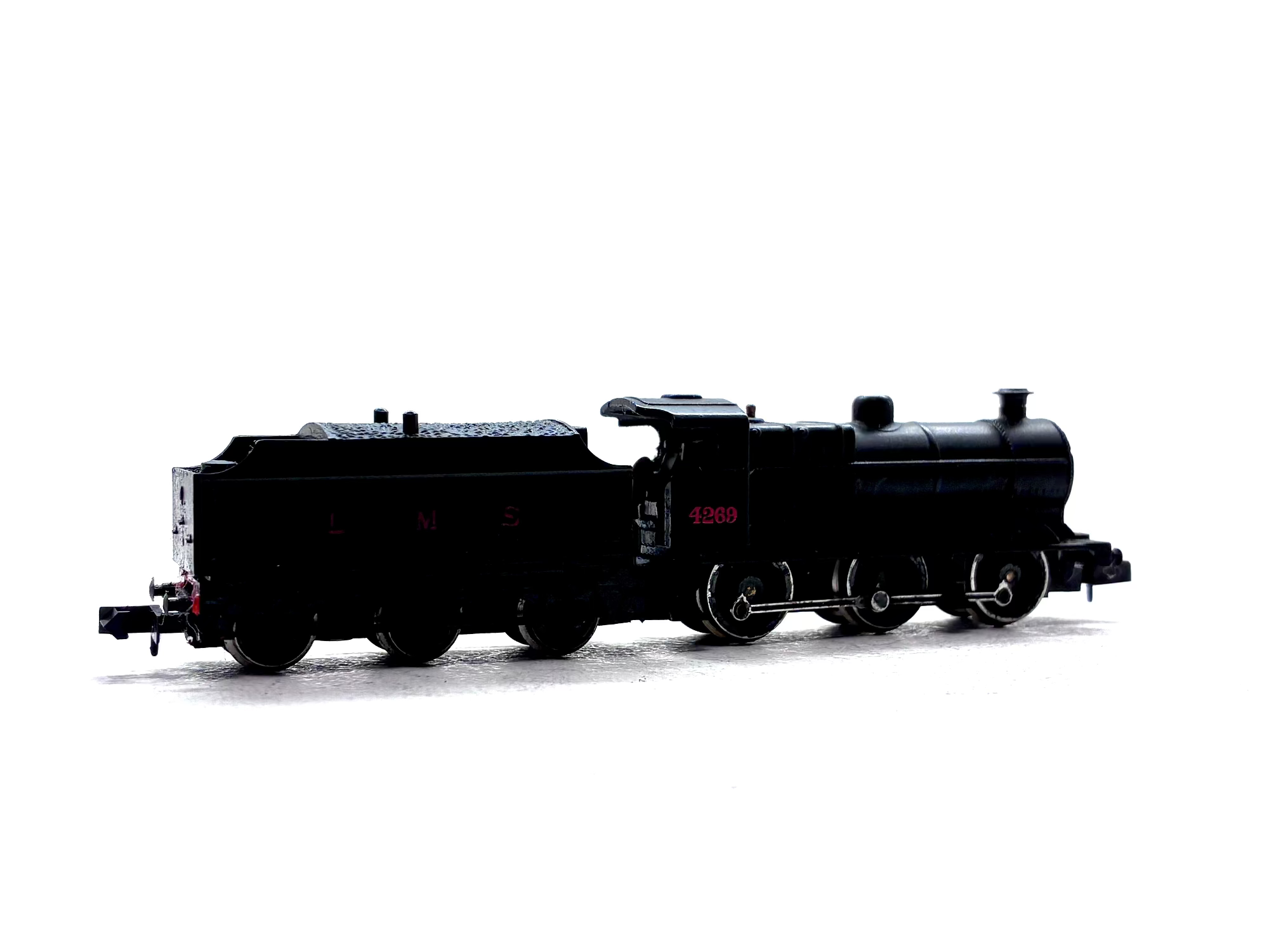 Graham Farish 1841 Class 4F 0-6-0 steam locomotive renumbered to 4269 in LMS black livery, pre-owned and boxed, N Gauge.