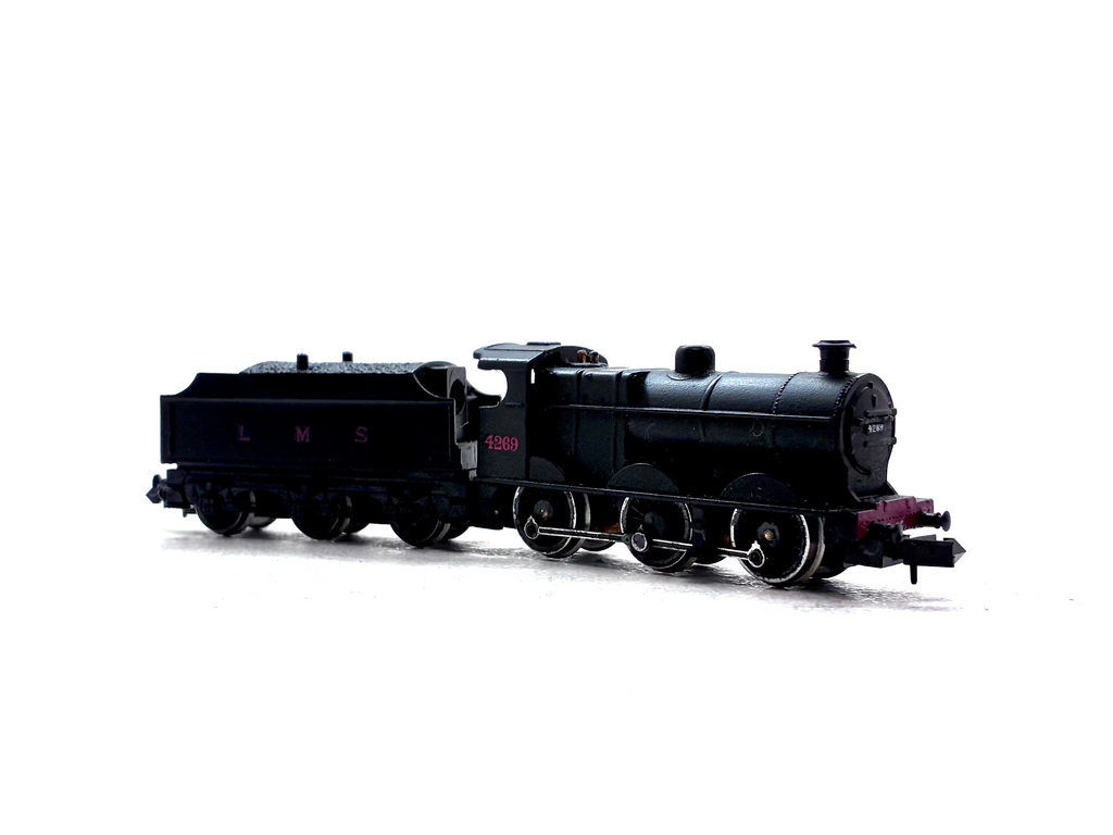Graham Farish 1841 Class 4F 0-6-0 steam locomotive renumbered to 4269 in LMS black livery, pre-owned and boxed, N Gauge.