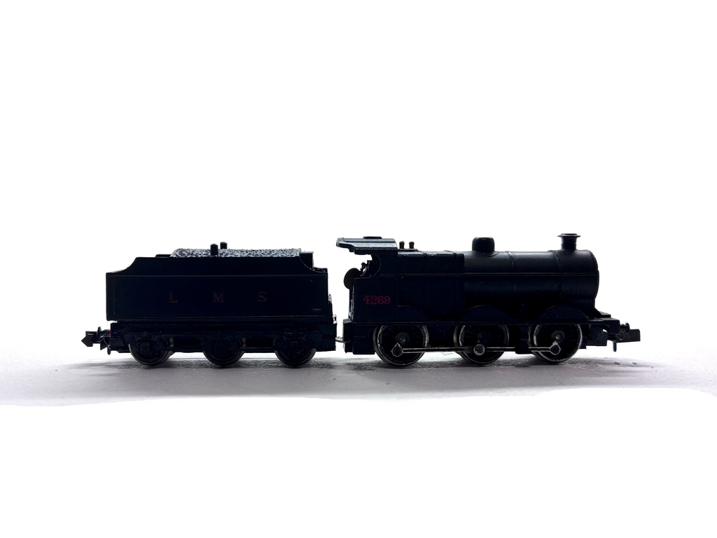 Graham Farish 1841 Class 4F 0-6-0 steam locomotive renumbered to 4269 in LMS black livery, pre-owned and boxed, N Gauge.