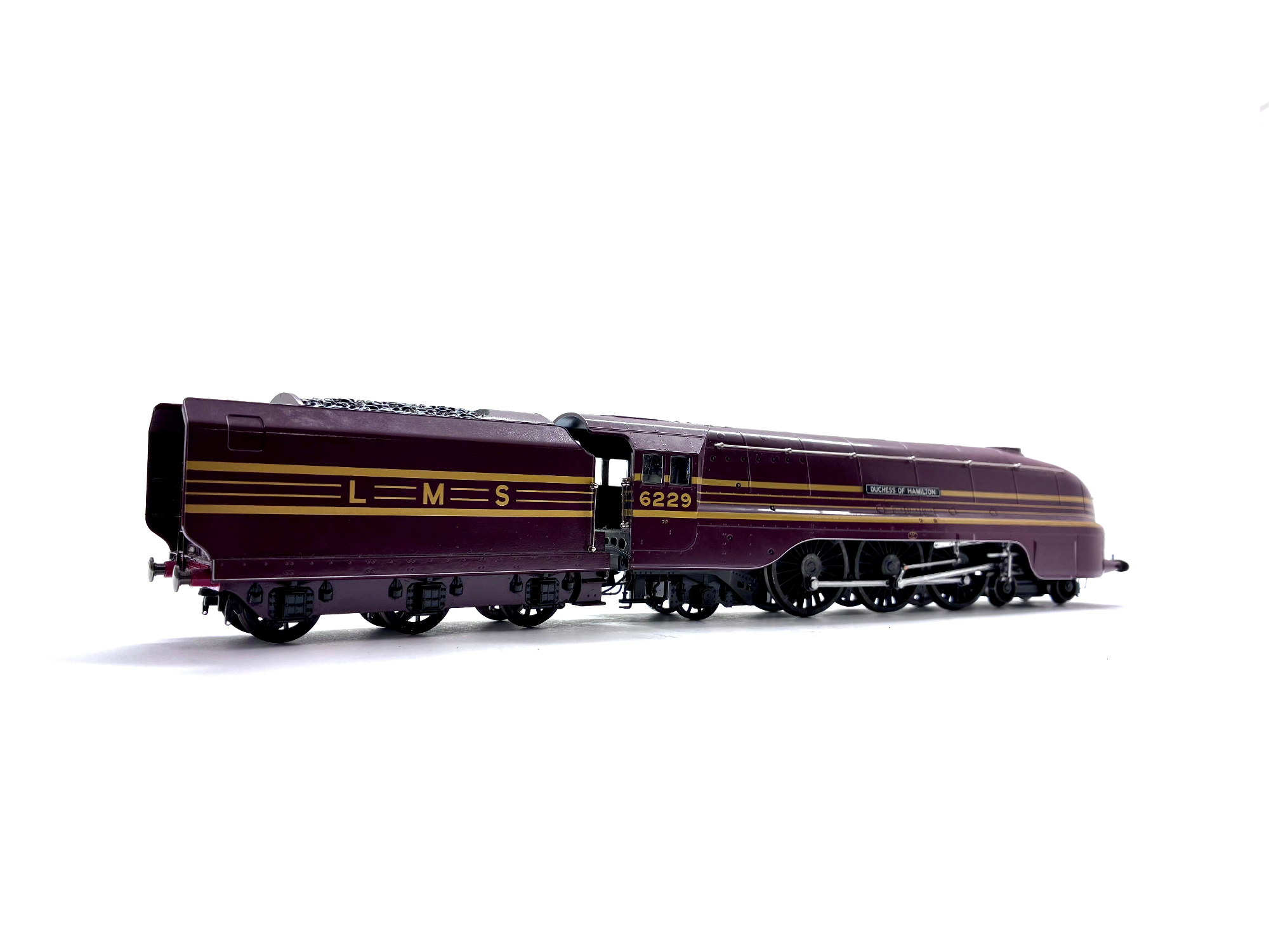 Hornby R3101 Coronation Class 4-6-2 steam locomotive No. 6229 Duchess of Hamilton in LMS maroon with gold stripes, DCC sound-fitted, pre-owned and boxed, OO Gauge.