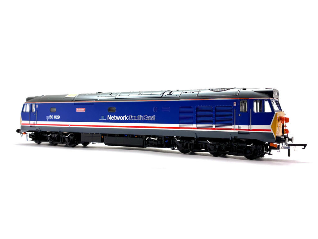 Class 50 diesel locomotive 50029 Renown in revised Network SouthEast dark blue livery with West of England branding, DCC sound-fitted, new, OO Gauge.