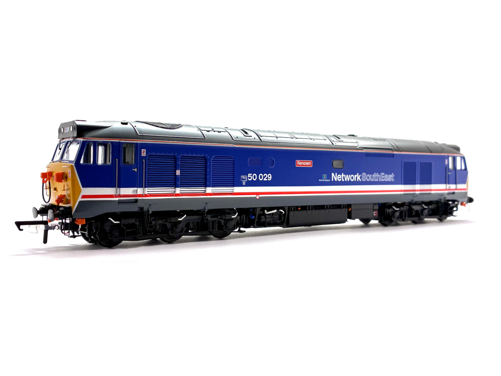 Class 50 diesel locomotive 50029 Renown in revised Network SouthEast dark blue livery with West of England branding, DCC sound-fitted, new, OO Gauge.