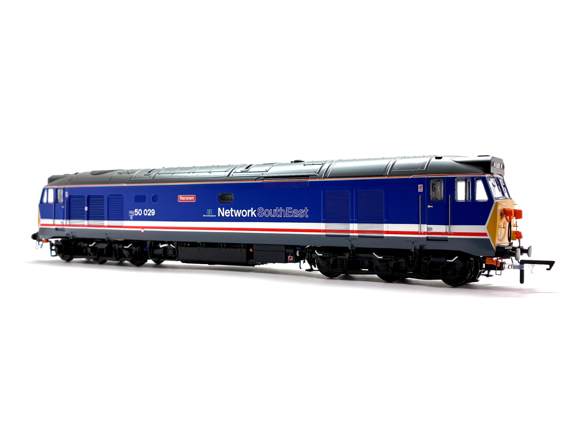 Class 50 diesel locomotive 50029 Renown in revised Network SouthEast dark blue livery with West of England branding, DCC sound-fitted, new, OO Gauge.