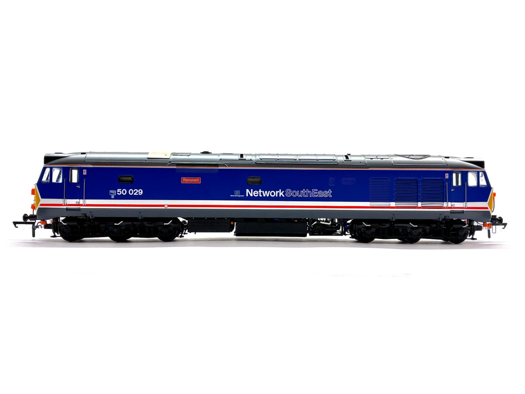 Class 50 diesel locomotive 50029 Renown in revised Network SouthEast dark blue livery with West of England branding, DCC sound-fitted, new, OO Gauge.