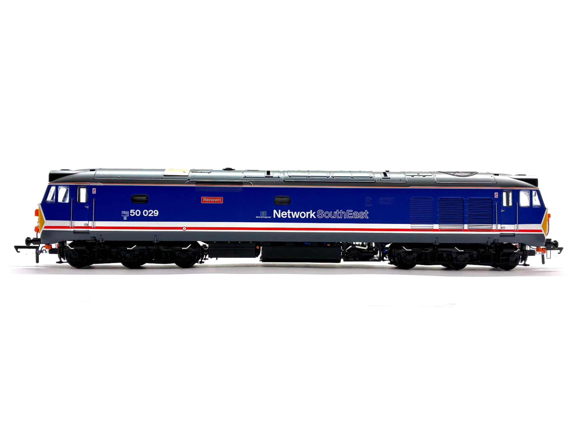 Class 50 diesel locomotive 50029 Renown in revised Network SouthEast dark blue livery with West of England branding, DCC sound-fitted, new, OO Gauge.