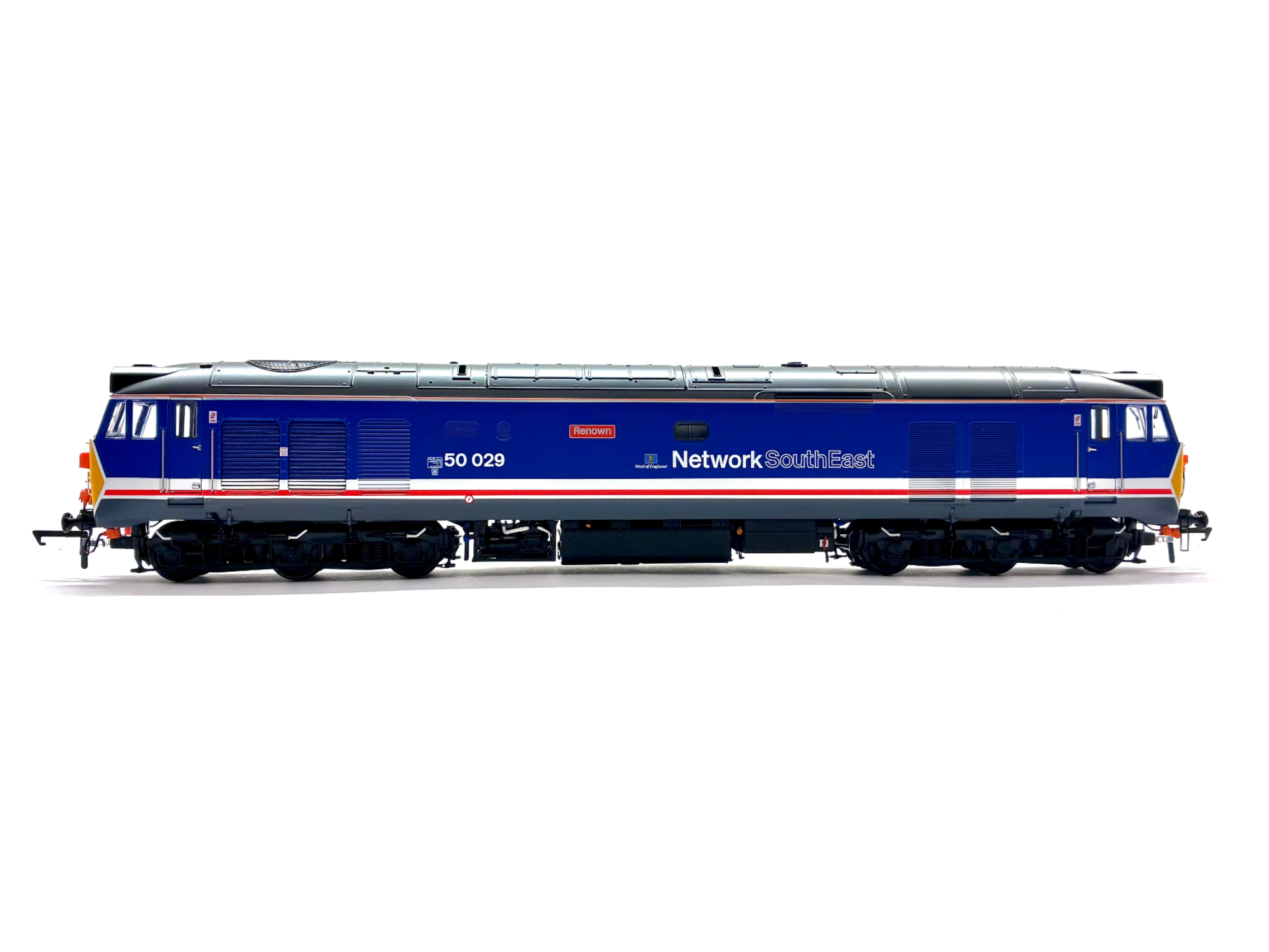 Class 50 diesel locomotive 50029 Renown in revised Network SouthEast dark blue livery with West of England branding, DCC sound-fitted, new, OO Gauge.