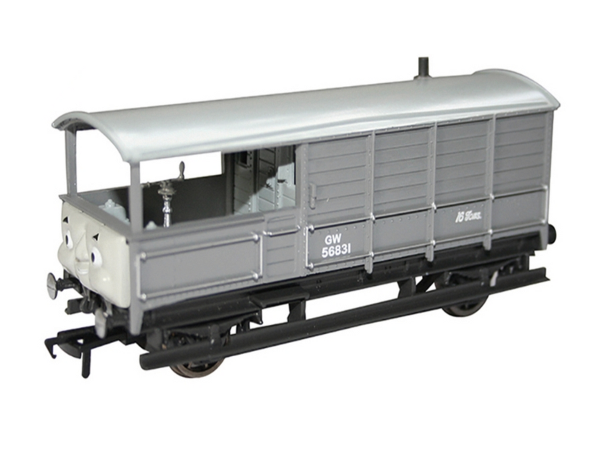 A detailed model of a Toad Break Van gray and cream Thomas the Tank Engine Garratt wagon, featuring the text 'GW 56631' and '40 Ton' on its side, set against a plain white background.