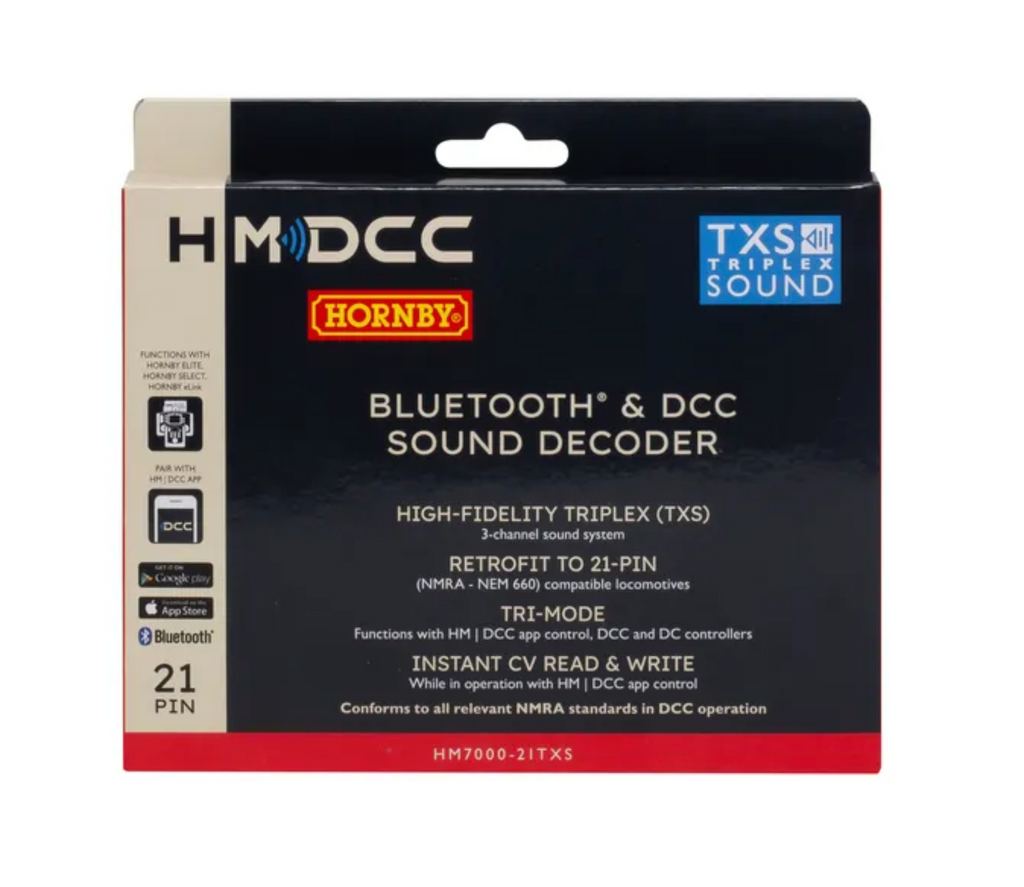 Hornby HM0700-21TXS Bluetooth & DCC Sound Decoder retail packaging box, featuring a black front with white text, a red Hornby logo, and a blue 'TXS Triple Sound' badge.