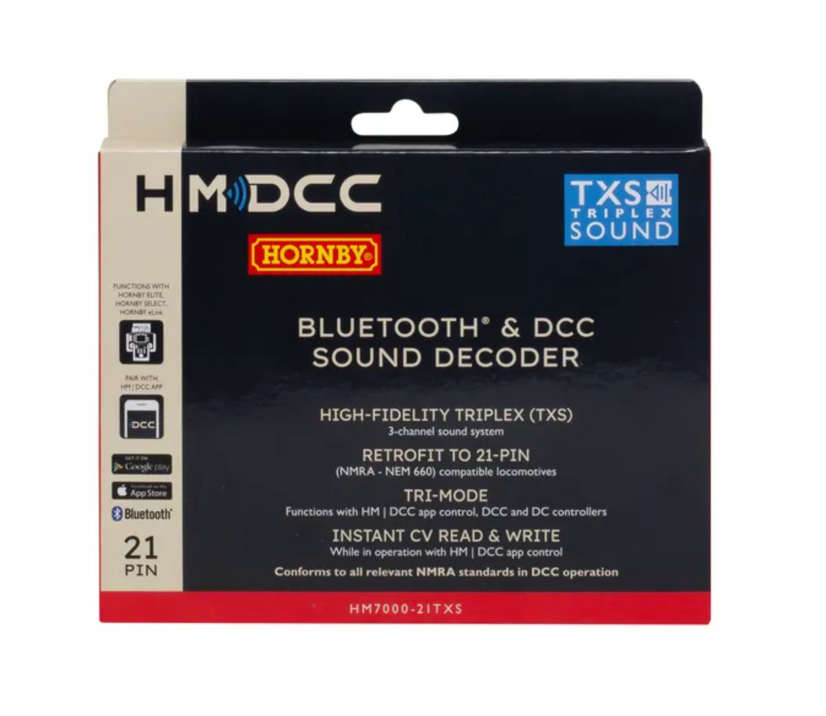Hornby HM0700-21TXS Bluetooth & DCC Sound Decoder retail packaging box, featuring a black front with white text, a red Hornby logo, and a blue 'TXS Triple Sound' badge.