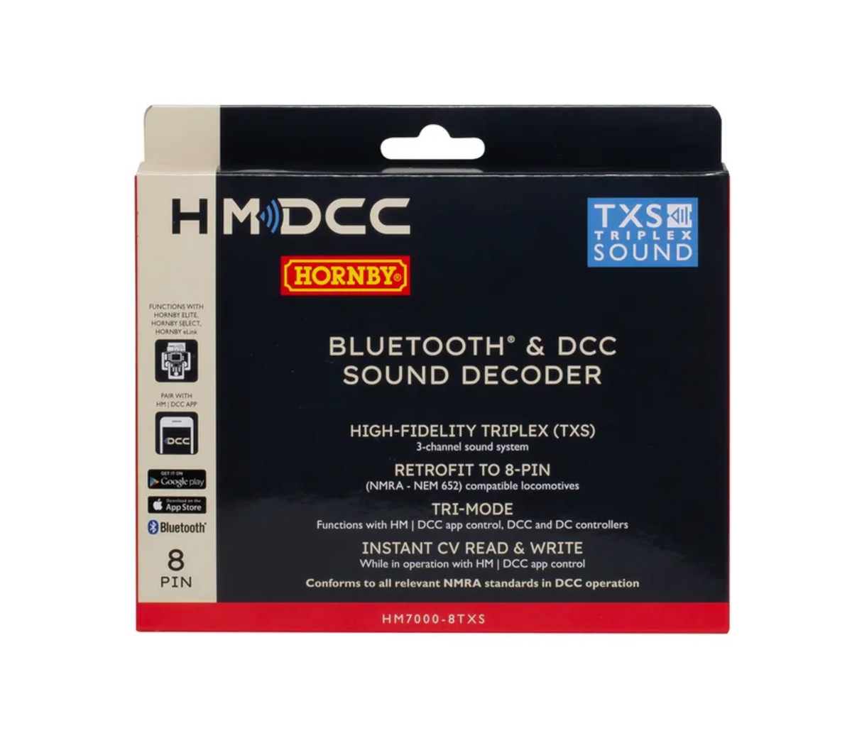 Hornby HMDCC Bluetooth & DCC Sound Decoder HM7000-BTXS in its original retail packaging, featuring a black box with white and red text and accents.