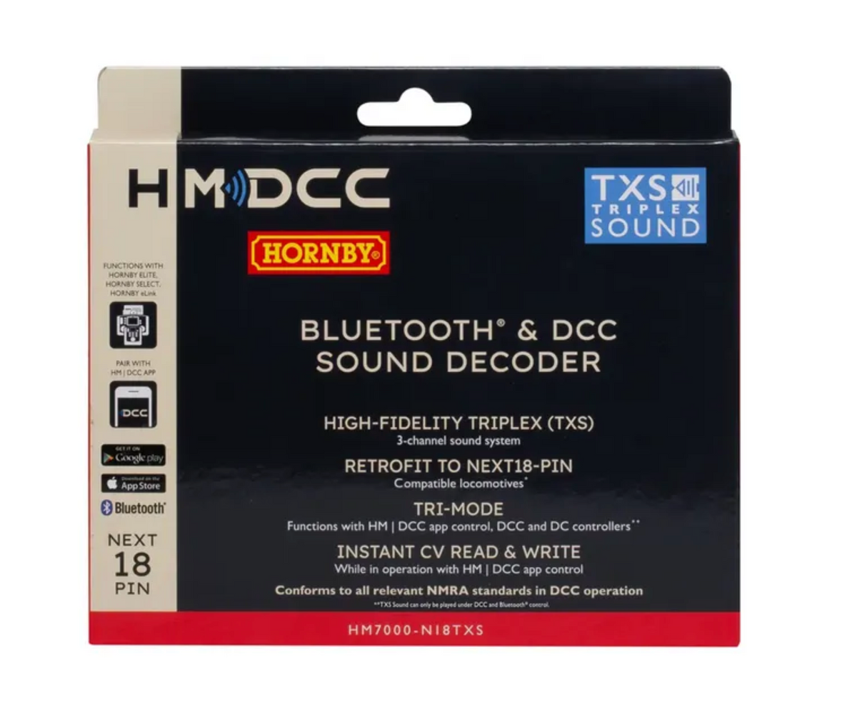 Hornby HM0700-N18TX5 Bluetooth & DCC Sound Decoder retail packaging box, featuring a black front with white text, a red hornby logo, and a beige side panel.