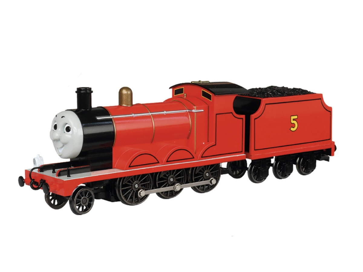 Thomas & Friends James the Red Engine OO scale model train on a white product page background,.