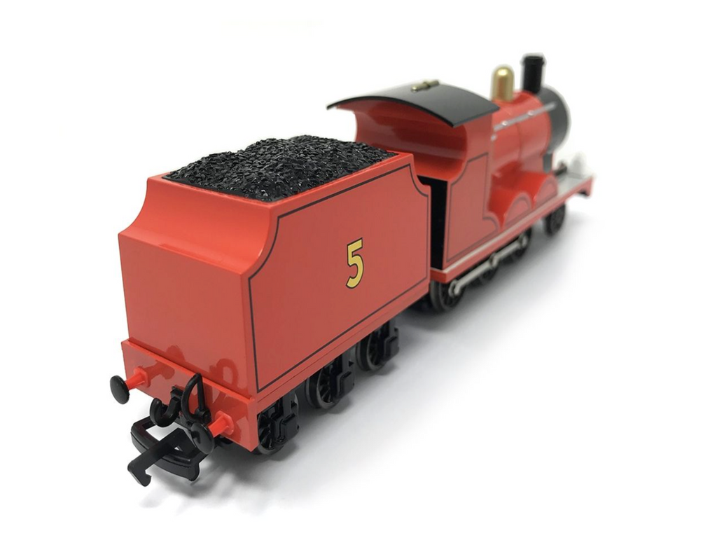 A red Thomas the Tank Engine style toy train with a black coal car and yellow number 5 on a white background, with a product info panel visible on the right side.