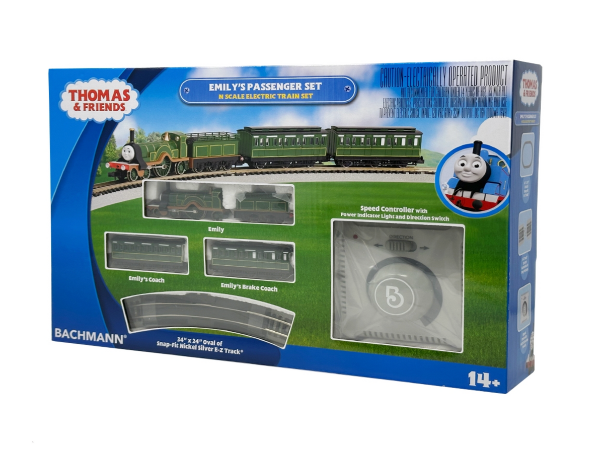 Thomas & Friends Emily's Passenger Set by Bachmann in its original retail packaging, featuring a green steam locomotive, two passenger carriages, a curved track, and a speed controller.