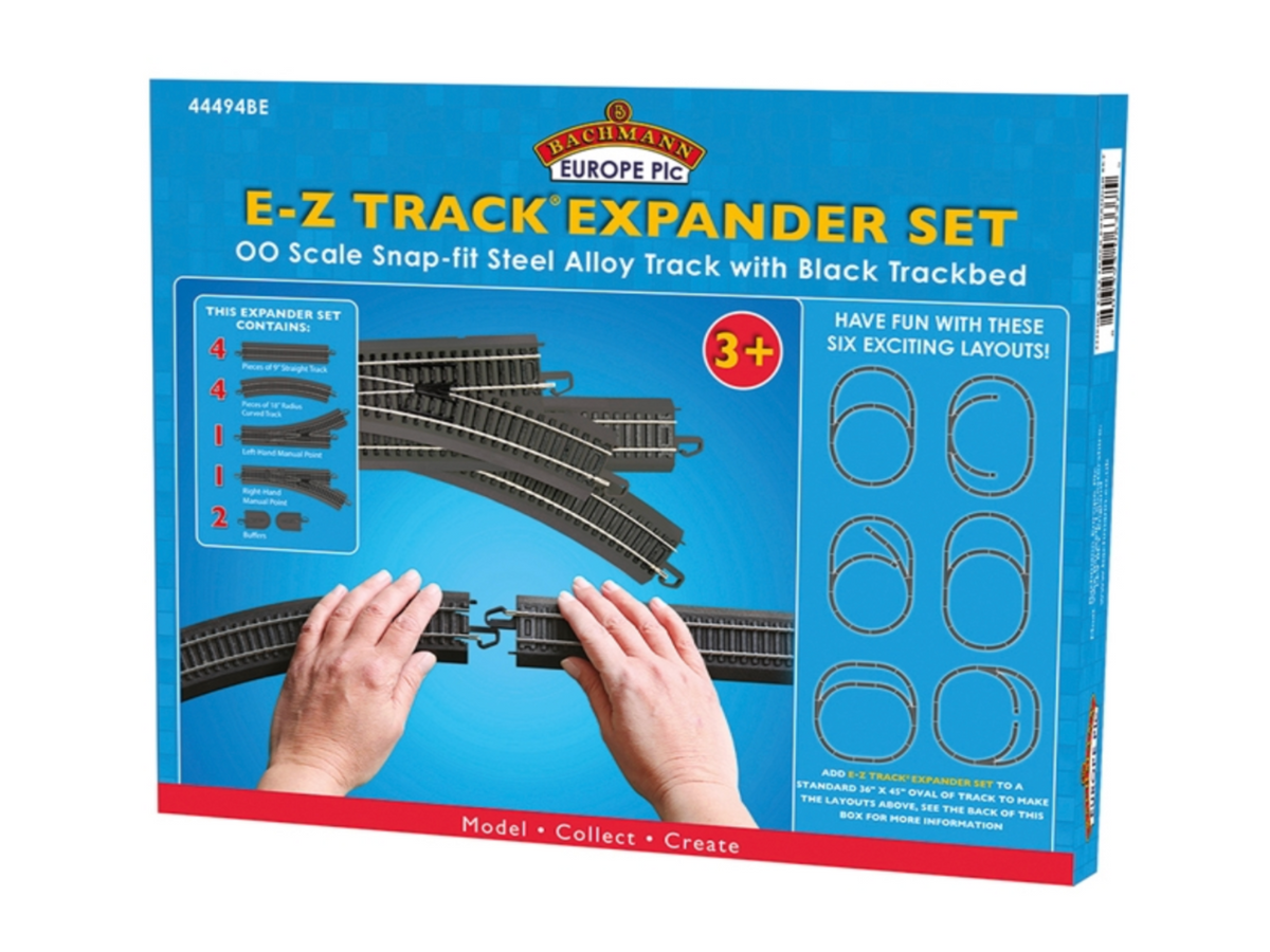 A retail box for the Bachmann E-Z Track Expander Set, showing the blue packaging with product details and photos of hands assembling black track pieces.