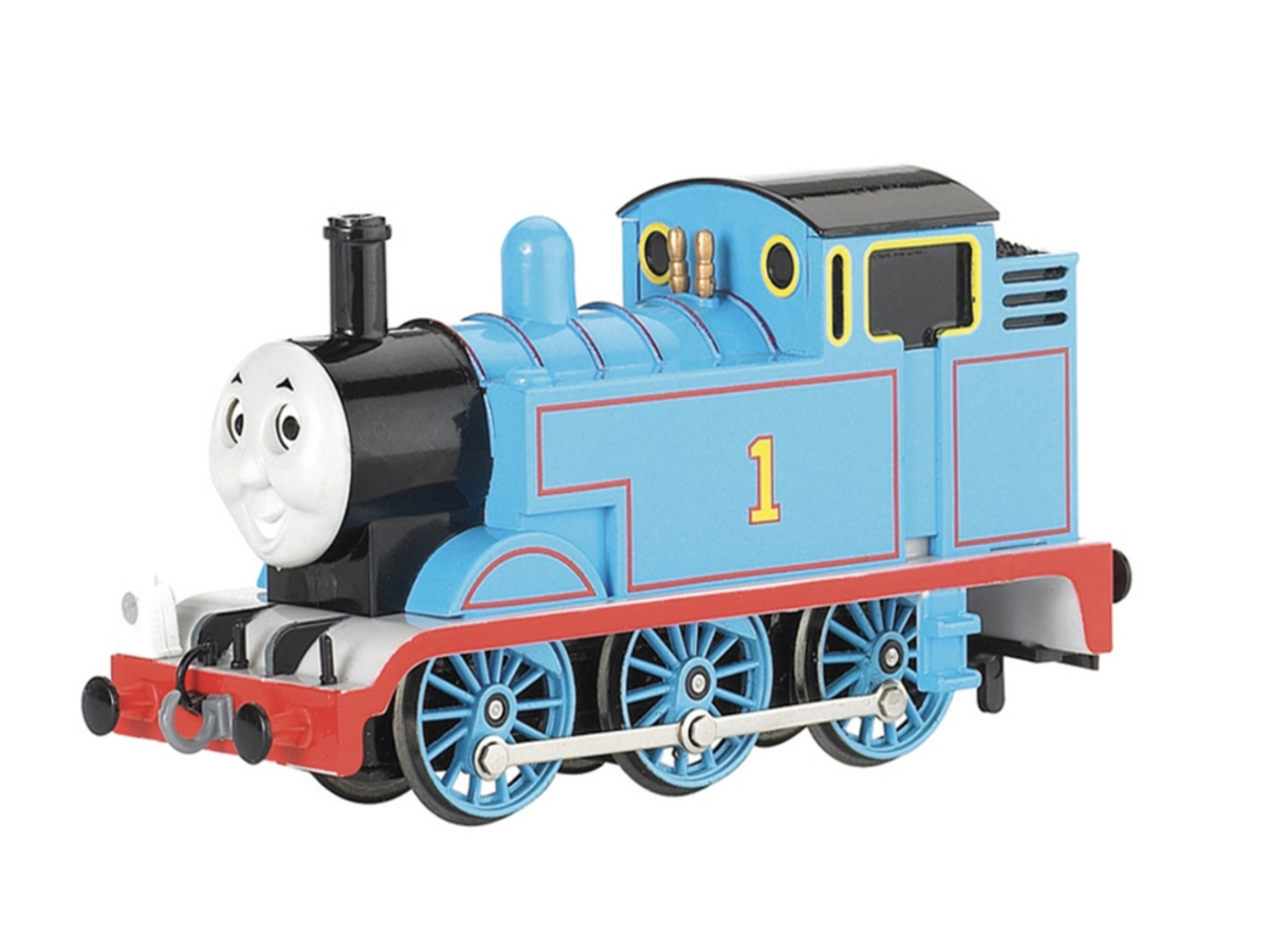 Thomas the Tank Engine toy train, number 1, in its classic light blue livery with a black smokebox, red buffer strip, and yellow number 1 on a white background.