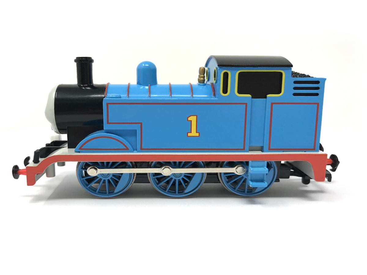 Thomas train engine with the number 1 on the side, featuring a black smokebox, blue wheels, and red underframe, photographed against a clean white background.