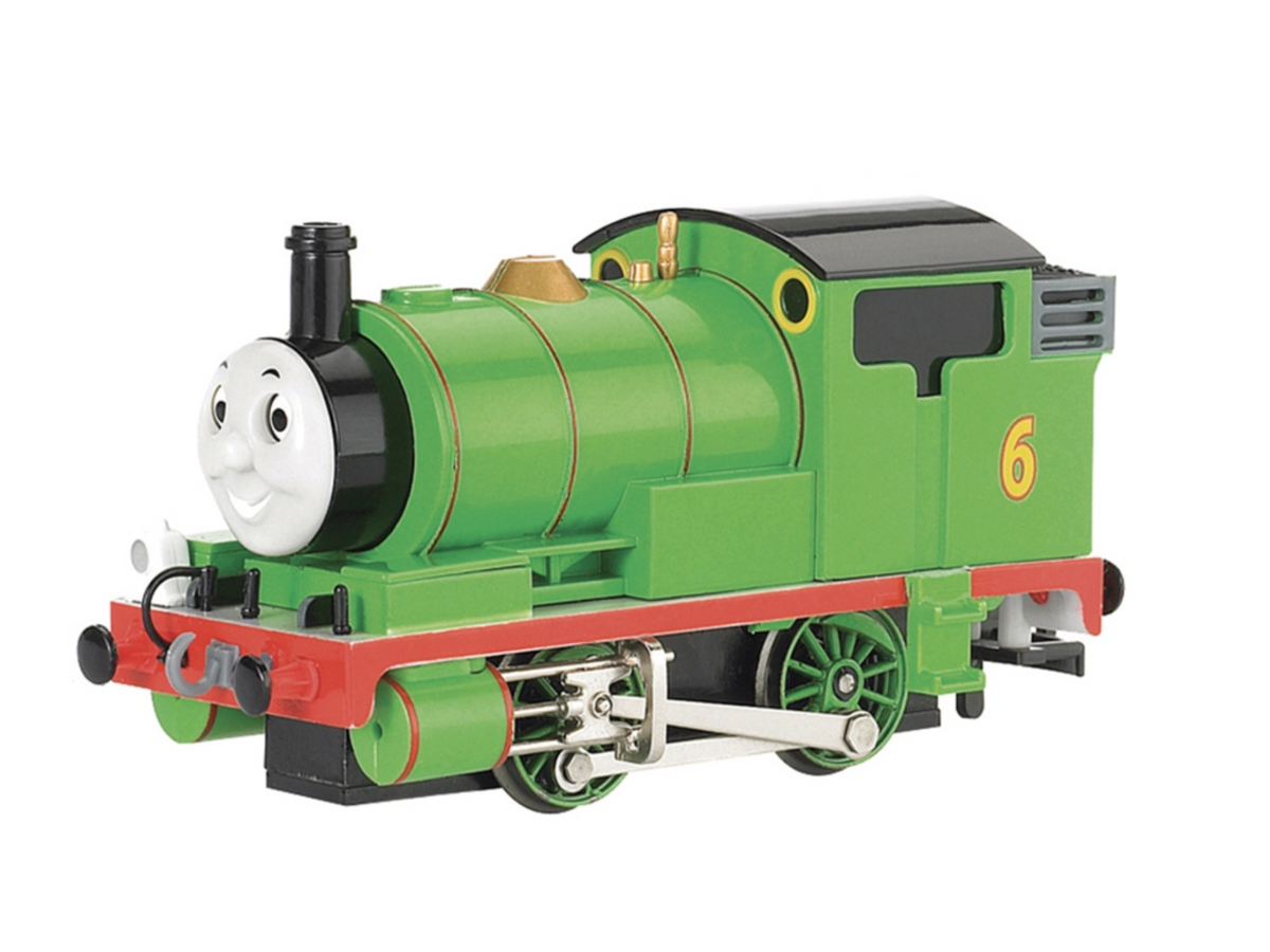 Thomas the Tank Engine Percy number 6 toy train on a solid white background.