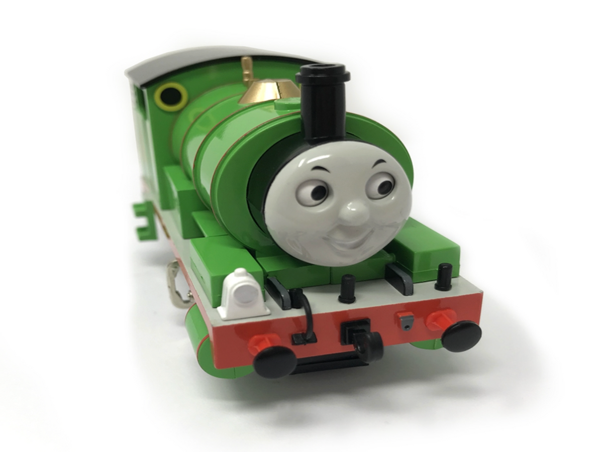 Thomas the Tank Engine Percy toy train on a white background.